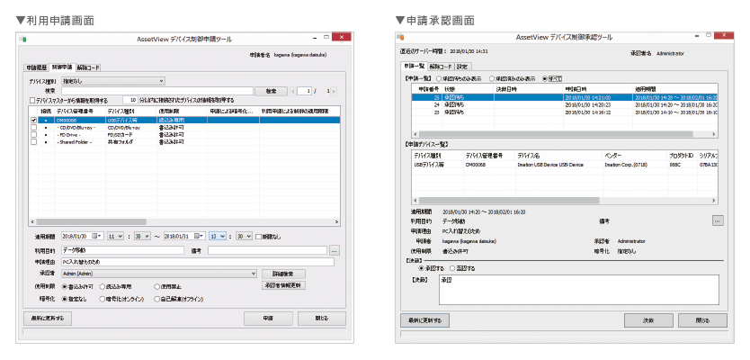 利用申請画面、利用承認画面