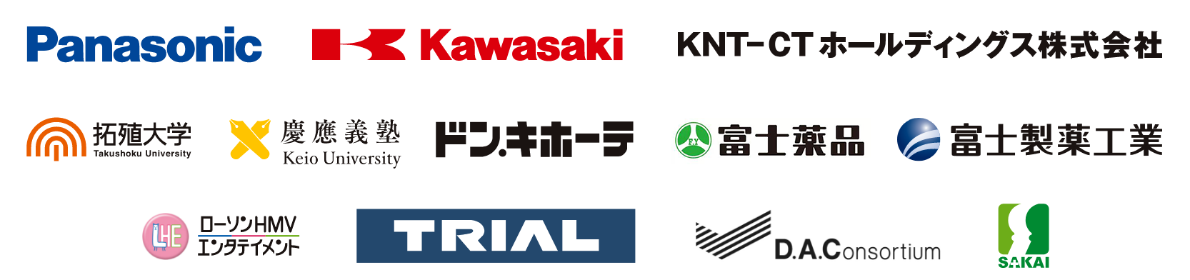 パナソニック株式会社/川崎重工業株式会社/KNT-CTホールディングス株式会社/学校法人 拓殖大学/学校法人 慶應義塾/株式会社ドン・キホーテ/富士製薬工業株式会社/ローソンHMVエンタテイメント/株式会社トライアルカンパニー /デジタル・アドバタイジング・コンソーシアム株式会社/地方独立行政法人 堺市立病院機構 堺市立総合医療センター