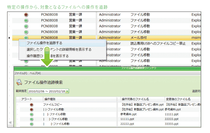 特定の操作から、対象となるファイルへの操作を追跡