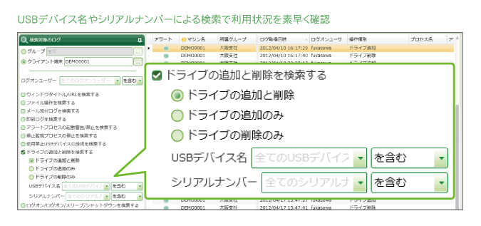 USBデバイス名やシリアルナンバーによる検索で利用状況を素早く確認